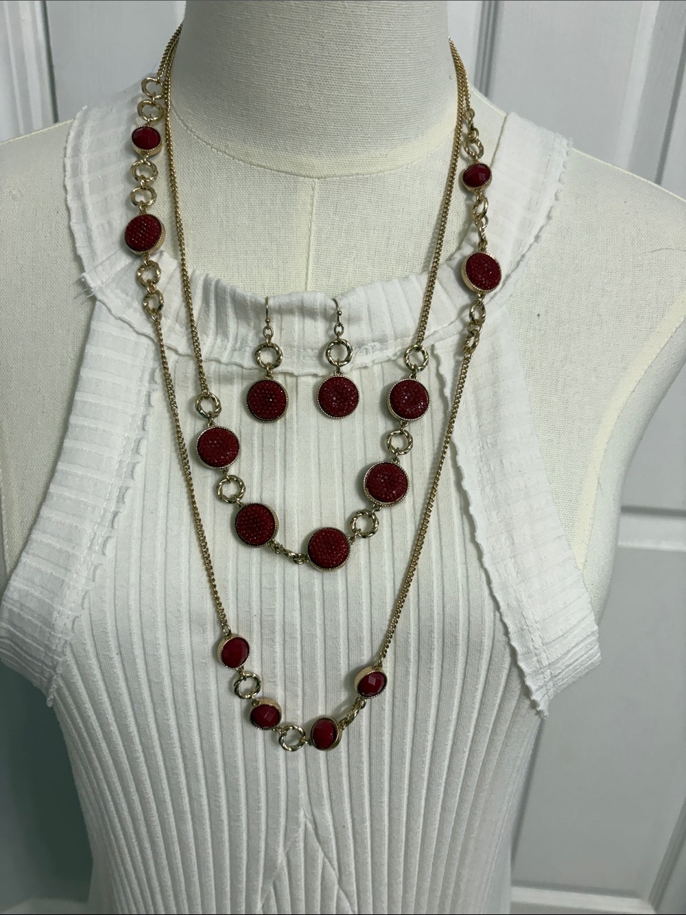 Gold-Tone Layered Necklace and Earring Set with Red Discs
